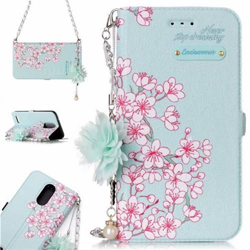 Cherry Blossoms Endeavour Florid Pearl Flower Pendant Metal Strap PU Leather Wallet Case for LG K10 2017