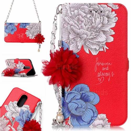 Red Chrysanthemum Endeavour Florid Pearl Flower Pendant Metal Strap PU Leather Wallet Case for LG K10 2017