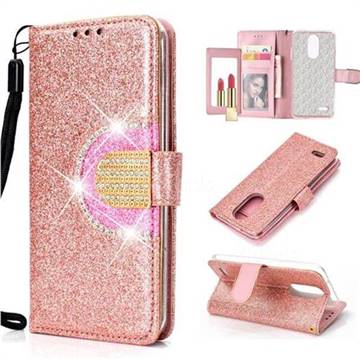 Glitter Diamond Buckle Splice Mirror Leather Wallet Phone Case for LG K10 (2018) - Rose Gold