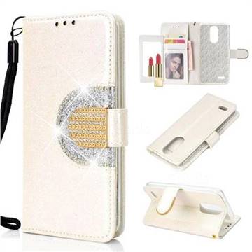 Glitter Diamond Buckle Splice Mirror Leather Wallet Phone Case for LG K10 (2018) - White