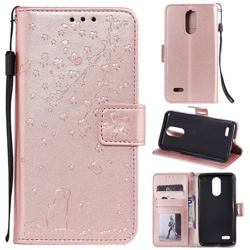 Embossing Cherry Blossom Cat Leather Wallet Case for LG K10 (2018) - Rose Gold