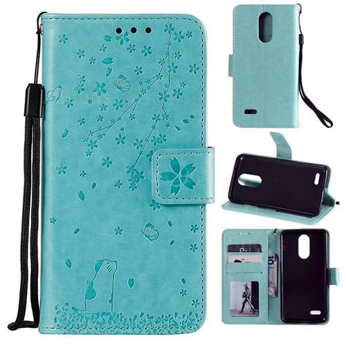 Embossing Cherry Blossom Cat Leather Wallet Case for LG K10 (2018) - Green