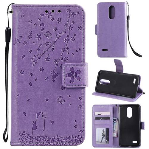 Embossing Cherry Blossom Cat Leather Wallet Case for LG K10 (2018) - Purple