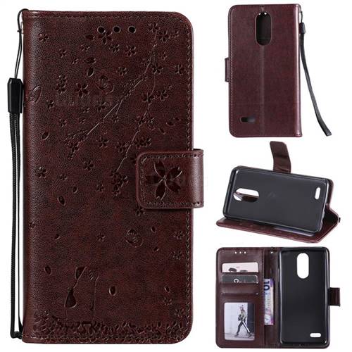 Embossing Cherry Blossom Cat Leather Wallet Case for LG K10 (2018) - Brown