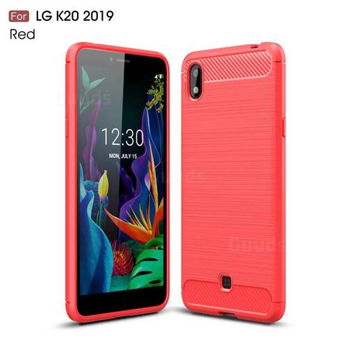 Luxury Carbon Fiber Brushed Wire Drawing Silicone TPU Back Cover for LG K20 (2019) - Red
