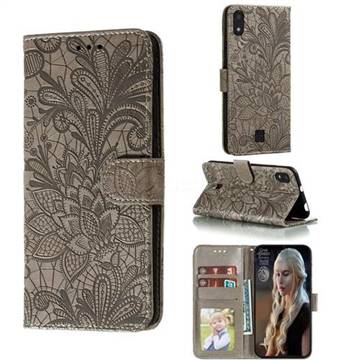 Intricate Embossing Lace Jasmine Flower Leather Wallet Case for LG K20 (2019) - Gray