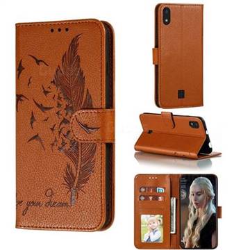 Intricate Embossing Lychee Feather Bird Leather Wallet Case for LG K20 (2019) - Brown