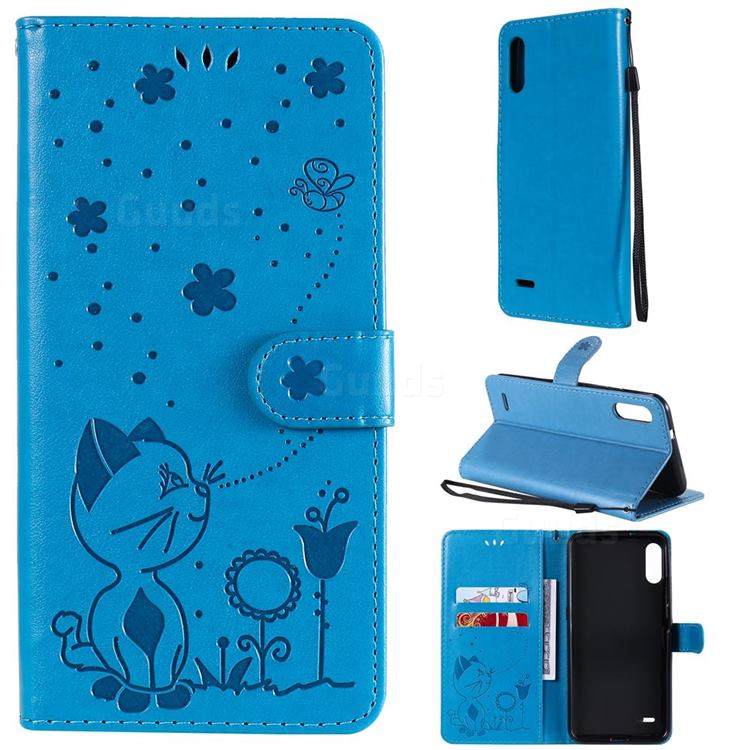 Embossing Bee and Cat Leather Wallet Case for LG K22 / K22 Plus - Blue