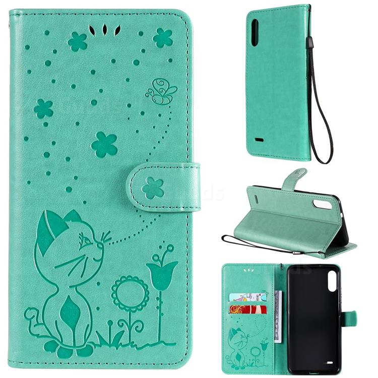 Embossing Bee and Cat Leather Wallet Case for LG K22 / K22 Plus - Green