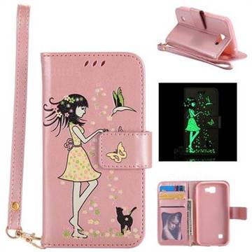 Luminous Flower Girl Cat Leather Wallet Case for LG K3 - Light Pink
