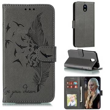 Intricate Embossing Lychee Feather Bird Leather Wallet Case for LG K30 (2019) 5.45 inch - Gray