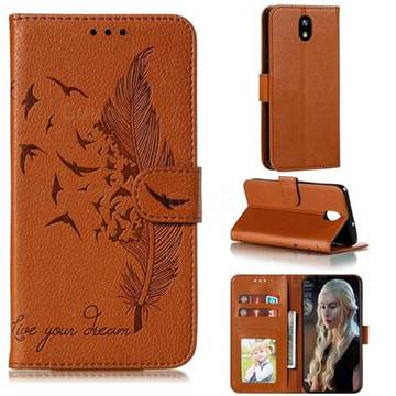 Intricate Embossing Lychee Feather Bird Leather Wallet Case for LG K30 (2019) 5.45 inch - Brown