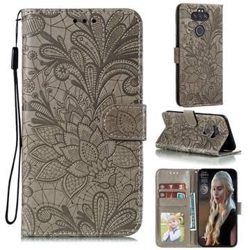 Intricate Embossing Lace Jasmine Flower Leather Wallet Case for LG K31 - Gray