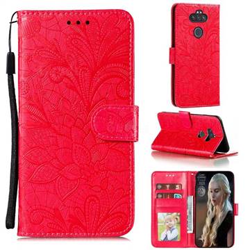Intricate Embossing Lace Jasmine Flower Leather Wallet Case for LG K31 - Red