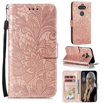 Intricate Embossing Lace Jasmine Flower Leather Wallet Case for LG K31 - Rose Gold