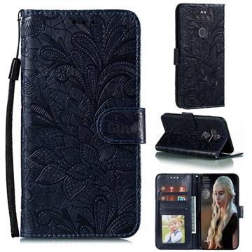 Intricate Embossing Lace Jasmine Flower Leather Wallet Case for LG K31 - Dark Blue