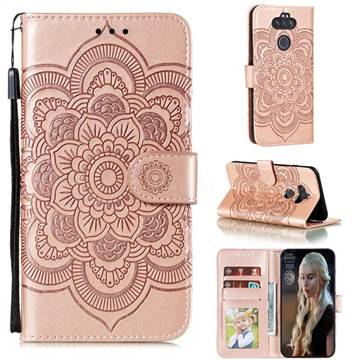 Intricate Embossing Datura Solar Leather Wallet Case for LG K31 - Rose Gold