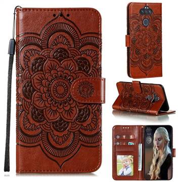 Intricate Embossing Datura Solar Leather Wallet Case for LG K31 - Brown