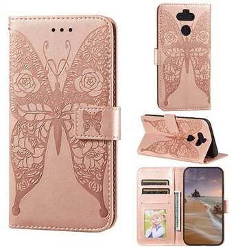 Intricate Embossing Rose Flower Butterfly Leather Wallet Case for LG K31 - Rose Gold