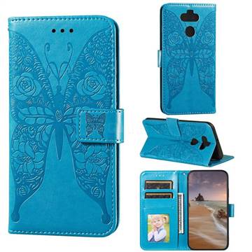 Intricate Embossing Rose Flower Butterfly Leather Wallet Case for LG K31 - Blue