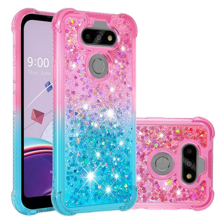 Rainbow Gradient Liquid Glitter Quicksand Sequins Phone Case for LG K31 - Pink Blue