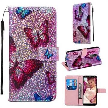 Blue Butterfly Sequins Painted Leather Wallet Case for LG K40 (LG K12+, LG K12 Plus)