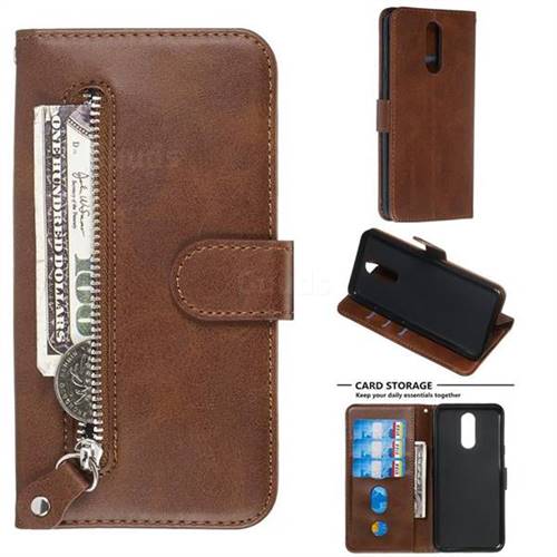 Retro Luxury Zipper Leather Phone Wallet Case for LG K40 (LG K12+, LG K12 Plus) - Brown
