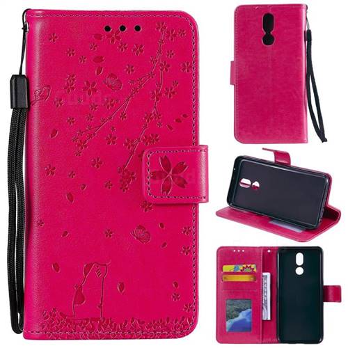 Embossing Cherry Blossom Cat Leather Wallet Case for LG K40 (LG K12+, LG K12 Plus) - Rose