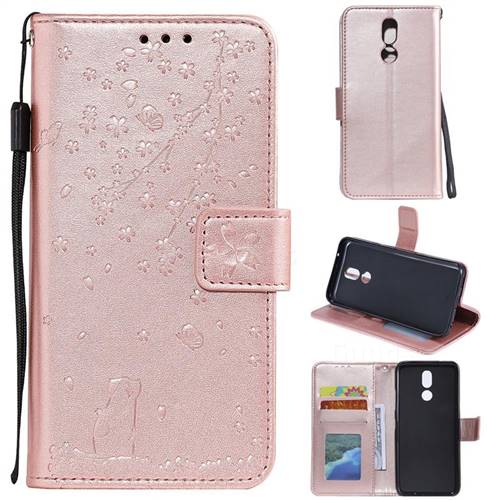 Embossing Cherry Blossom Cat Leather Wallet Case for LG K40 (LG K12+, LG K12 Plus) - Rose Gold