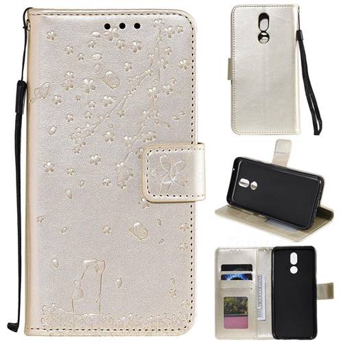 Embossing Cherry Blossom Cat Leather Wallet Case for LG K40 (LG K12+, LG K12 Plus) - Golden