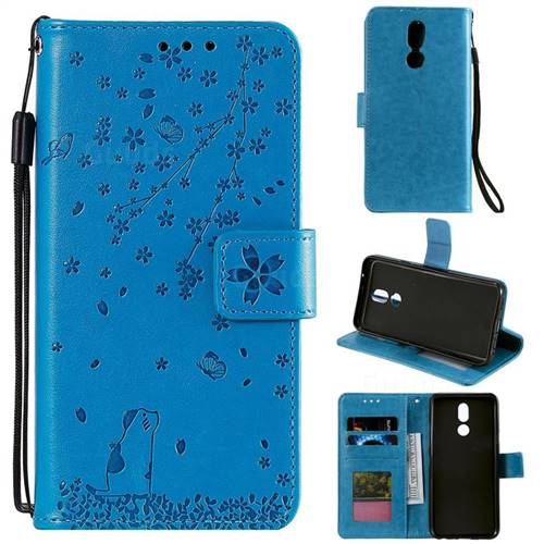 Embossing Cherry Blossom Cat Leather Wallet Case for LG K40 (LG K12+, LG K12 Plus) - Blue