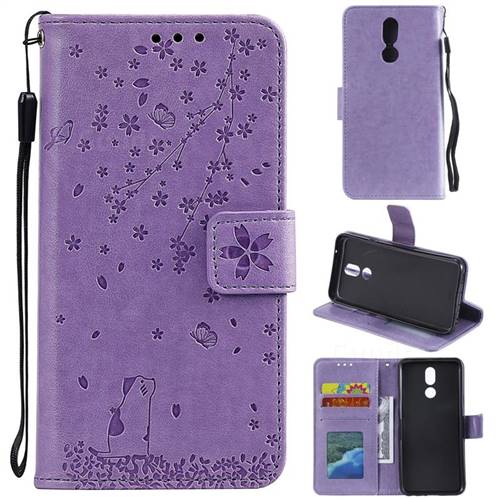 Embossing Cherry Blossom Cat Leather Wallet Case for LG K40 (LG K12+, LG K12 Plus) - Purple