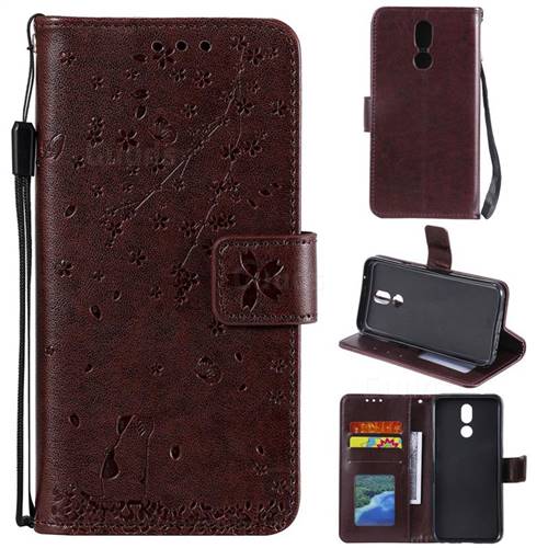 Embossing Cherry Blossom Cat Leather Wallet Case for LG K40 (LG K12+, LG K12 Plus) - Brown