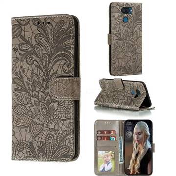 Intricate Embossing Lace Jasmine Flower Leather Wallet Case for LG K40S - Gray