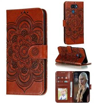 Intricate Embossing Datura Solar Leather Wallet Case for LG K40S - Brown