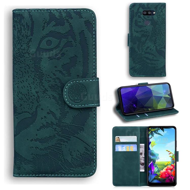 Intricate Embossing Tiger Face Leather Wallet Case for LG K40S - Green