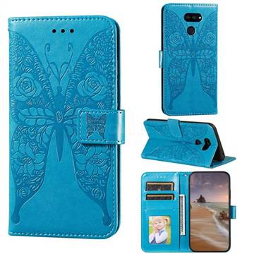 Intricate Embossing Rose Flower Butterfly Leather Wallet Case for LG K40S - Blue