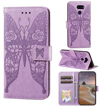 Intricate Embossing Rose Flower Butterfly Leather Wallet Case for LG K40S - Purple