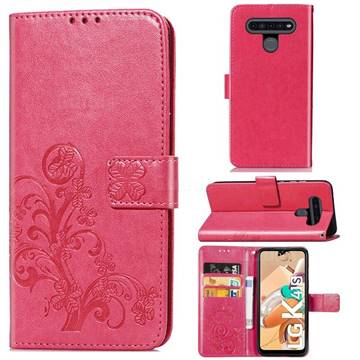 Embossing Imprint Four-Leaf Clover Leather Wallet Case for LG K41S - Rose Red