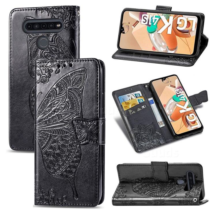 Embossing Mandala Flower Butterfly Leather Wallet Case for LG K41S - Black