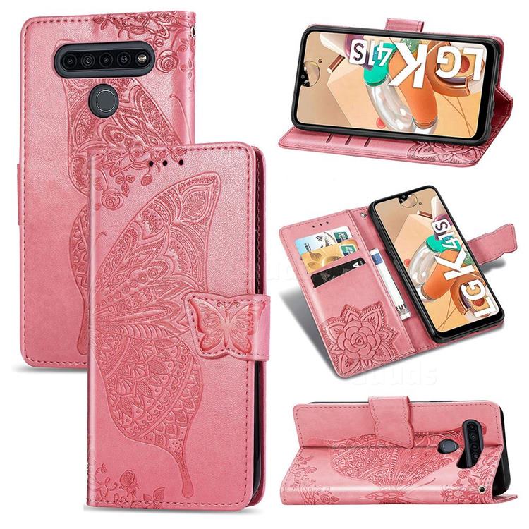 Embossing Mandala Flower Butterfly Leather Wallet Case for LG K41S - Pink