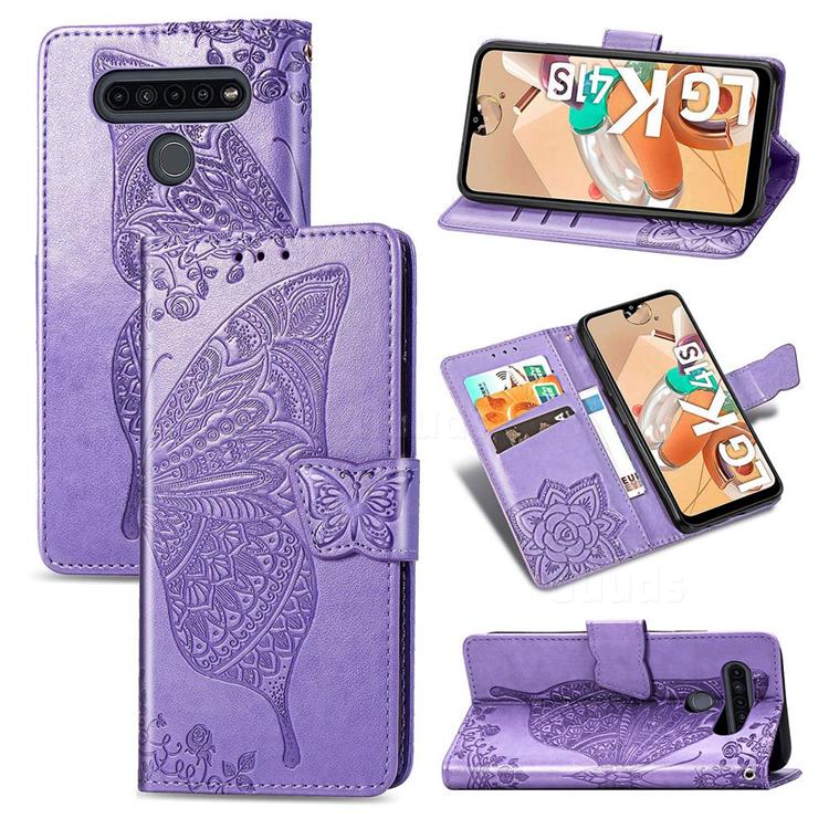 Embossing Mandala Flower Butterfly Leather Wallet Case for LG K41S - Light Purple