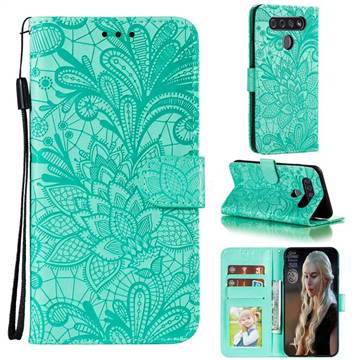 Intricate Embossing Lace Jasmine Flower Leather Wallet Case for LG K41S - Green