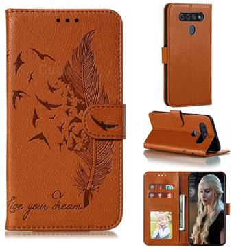 Intricate Embossing Lychee Feather Bird Leather Wallet Case for LG K41S - Brown