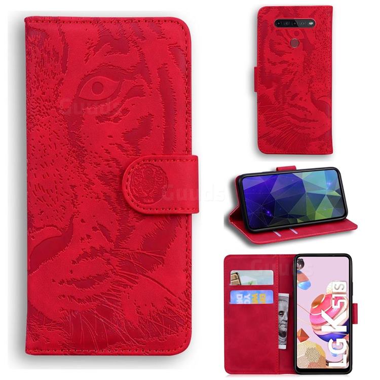 Intricate Embossing Tiger Face Leather Wallet Case for LG K41S - Red