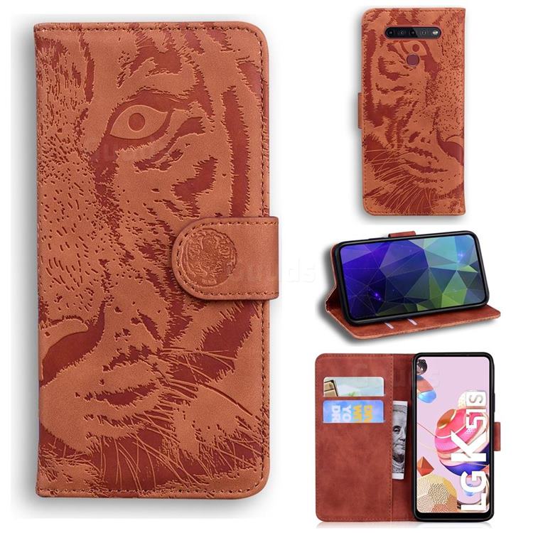Intricate Embossing Tiger Face Leather Wallet Case for LG K41S - Brown