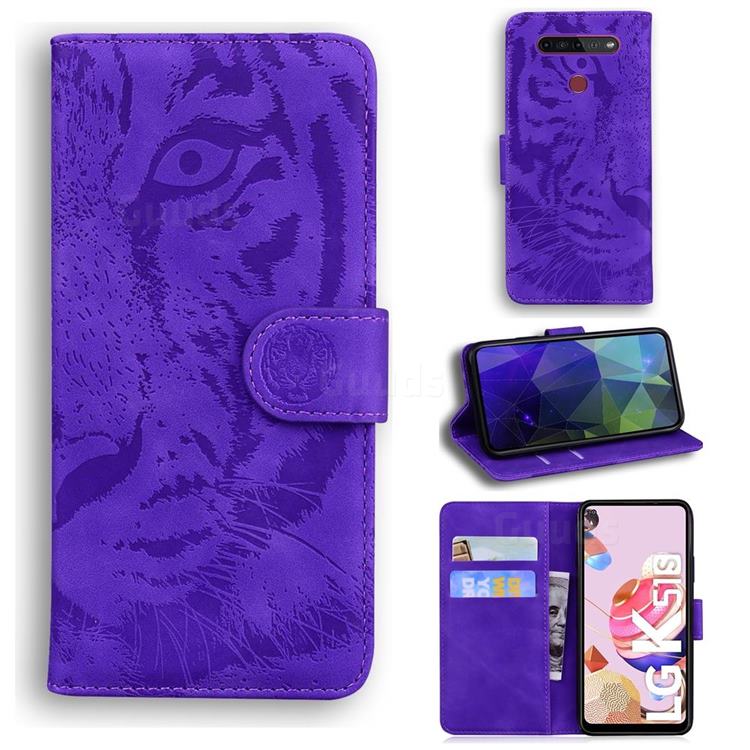 Intricate Embossing Tiger Face Leather Wallet Case for LG K41S - Purple