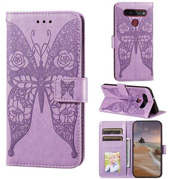 Intricate Embossing Rose Flower Butterfly Leather Wallet Case for LG K41S - Purple