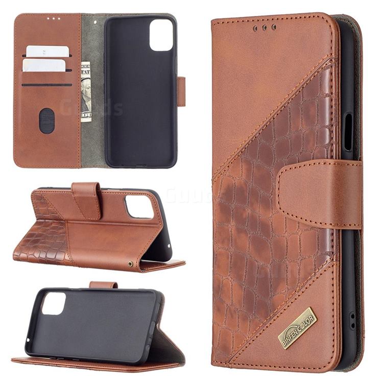 BinfenColor BF04 Color Block Stitching Crocodile Leather Case Cover for LG K42 - Brown