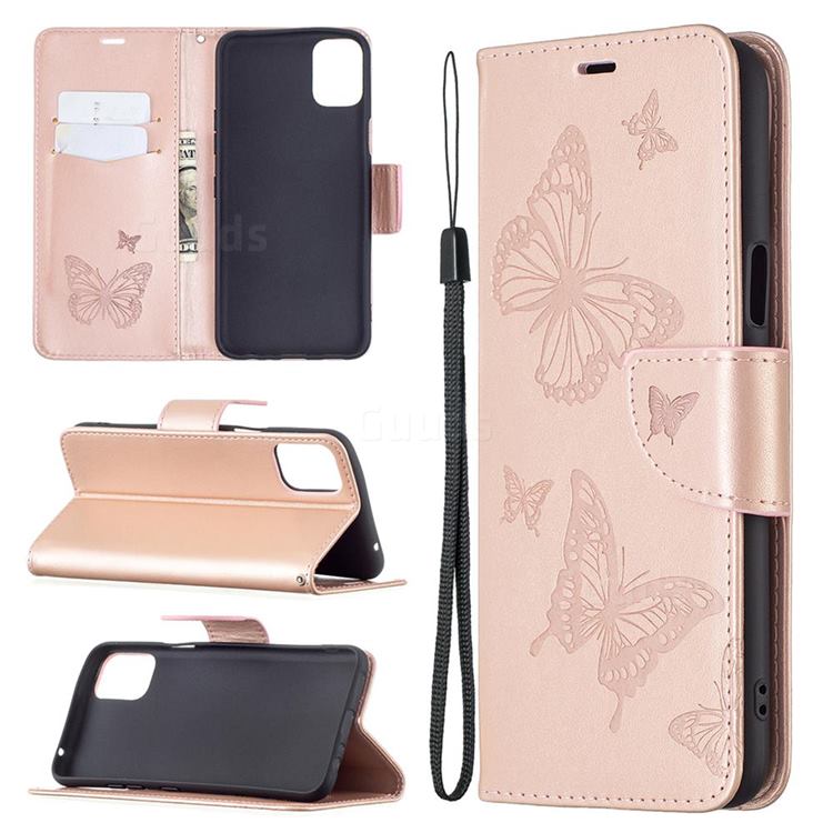 Embossing Double Butterfly Leather Wallet Case for LG K42 - Rose Gold